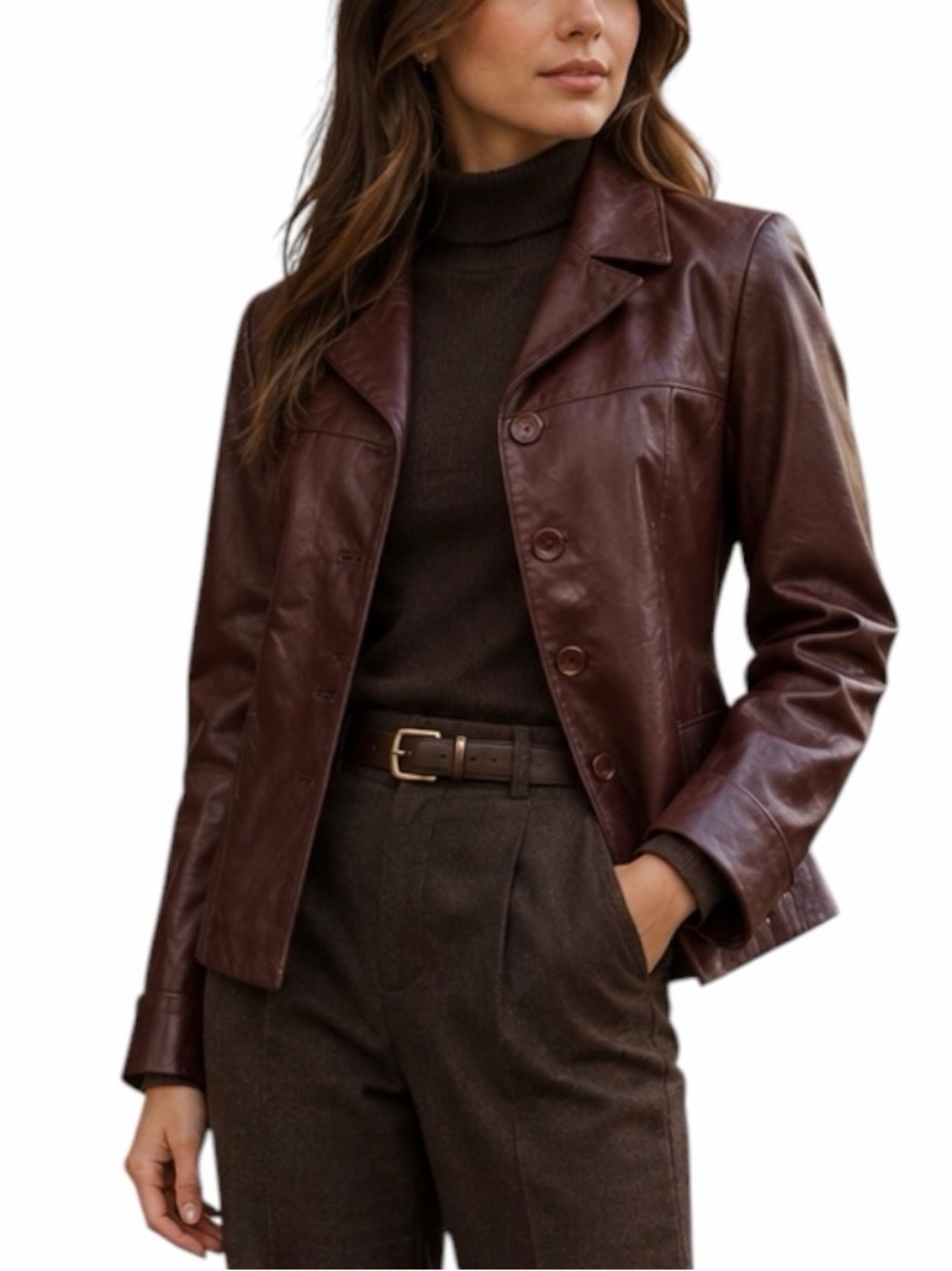 Caché Leather Jacket 10 Burgundy Fitted Button Front Y2K Retro Blazer Maroon